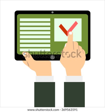 Hand holding tablet with checklist on it. Flat style. vector illustration