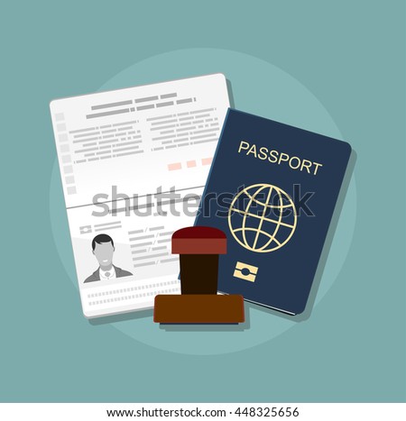 Passport with biometric data. Identification Document and stamp Flat Vector Illustration