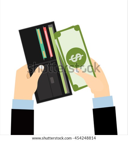 Human hands putting cash dollars into opened black leather men wallet with credit cards. vector illustration in flat design 