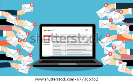  Laptop with email and many hands holding envelopes messages. Email concept. Vector flat design illustration.