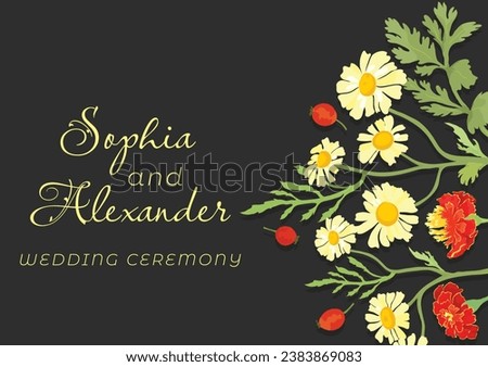 The banner is made in a rustic style with fully colored plant parts placed on the right side. Hand-drawn Illustrations of common garden flowers for greeting cards, invitations, interior design, etc.