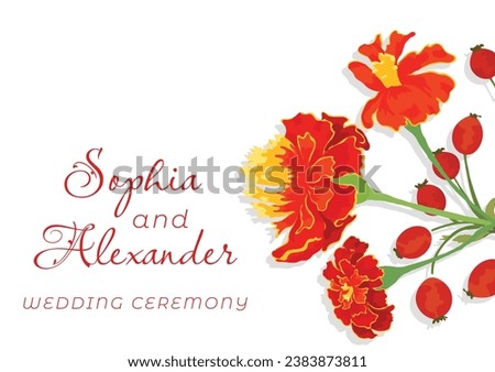 The banner is made in a rustic style with fully colored plant parts placed on the right side. Hand-drawn Illustrations of common garden flowers for greeting cards, invitations, interior design, etc.