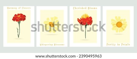 Four vector minimalistic banners with plant parts of the common garden flowers. Fully colored flowers on the colored background. Illustrations for greeting cards, invitations, interior design, etc.