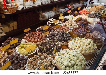 counter of the store with handmade chocolate in the old Lviv
