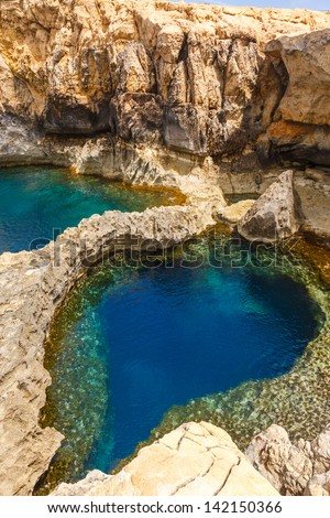 underwater cave in the form of heart at Azure Window in Gozo, Malta