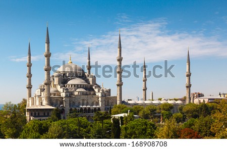 Blue Mosque against the blue sky on clear day, Istanbul, Turkey