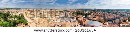 Panorama Cityscape from height, Saint Peter\'s Square and Cathedral of St. Peter near river Tiber. Rome, Italy