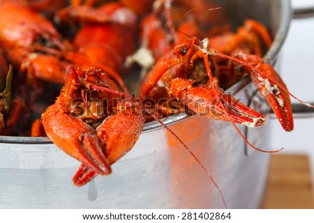 Boiled crayfish in pan on a wooden board, a traditional Russian dish