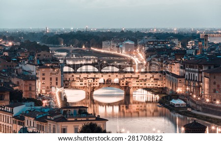Houses, Arno River and bridges Ponte Vecchio of Florence, Tuscany, Italy