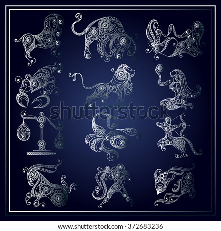 Set of zodiac icons (astrology, astronomy). Horoscope signs as cartoon characters. Vector illustration.