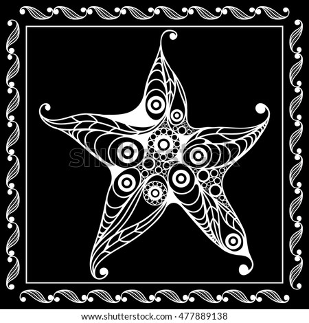 Graphic abstract starfish (sea star) in line art style. Seafood element. Suitable for invitation, flyer, sticker, poster, banner, card, label, cover, web. Vector illustration.