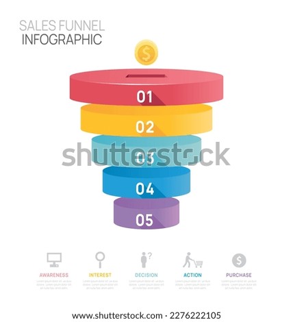 Infographic Sales funnel diagram template for business. Modern  Timeline 5 step level, digital marketing data, presentation vector infographics.