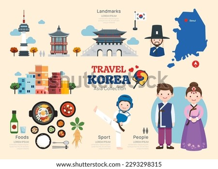 South Korea  Flat icons set. Korean traditional travel map and landmarks symbols and objects vector