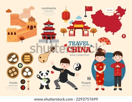 Travel China flat icons set. chinese element icon map and landmarks symbols and objects collection. vector illustration.