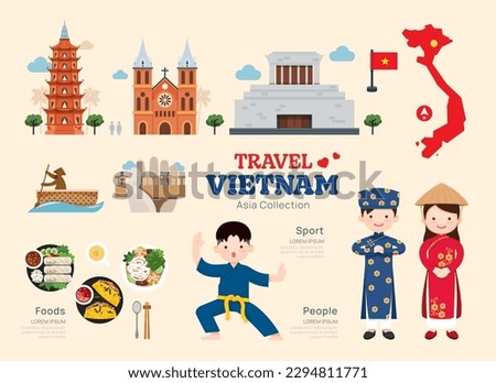 Travel Vietnam flat icons set. Vietnamese element icon map and landmarks symbols and objects collection. vector illustration.