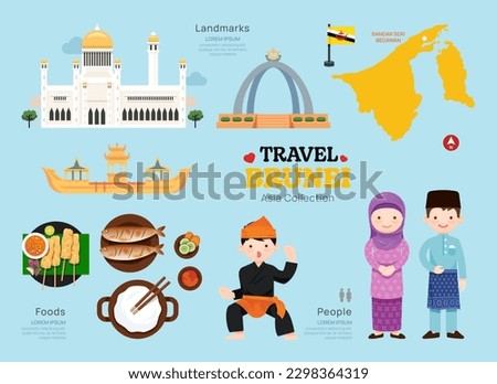 Travel Brunei flat icons set. Brunei element icon map and landmarks symbols and objects collection. Vector Illustration