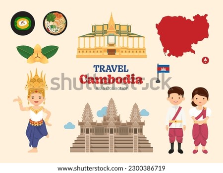 Travel Cambodia flat icons set. khmer element icon map and landmarks symbols and objects collection. Vector Illustration