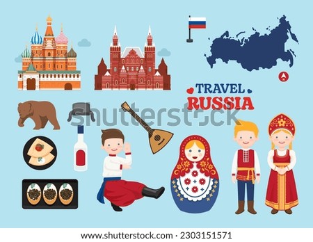 Travel Russia flat icons set. Russian element icon map and landmarks symbols and objects collection. Vector Illustration