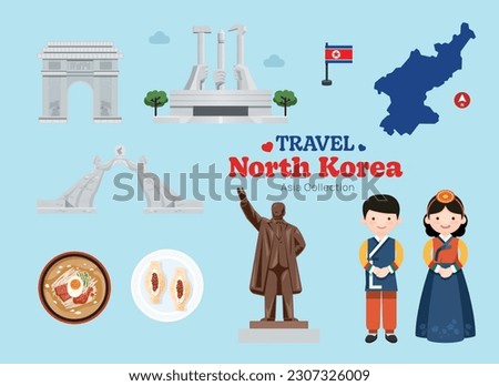 Travel North Korea flat icons set. North Korea element icon map and landmarks symbols and objects collection. Vector Illustration