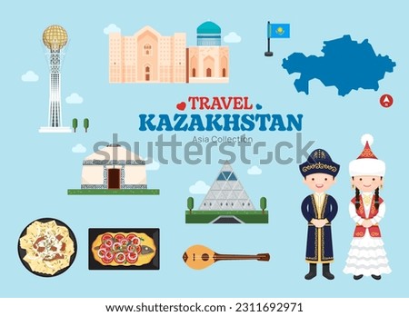 Travel Kazakhstan flat icons set. Kazakhstan element icon map and landmarks symbols and objects collection. Vector Illustration
