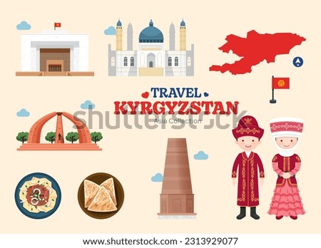 Travel Kyrgyzstan flat icons set. Kyrgyz element icon map and landmarks symbols and objects collection. Vector Illustration