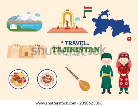 Travel Tajikistan flat icons set. Tajik element icon map and landmarks symbols and objects collection. Vector Illustration