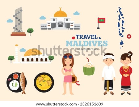 Travel Maldives flat icons set. Maldivian element icon map and landmarks symbols and objects collection. Vector Illustration