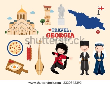 Travel Georgia flat icons set. Georgian element icon map and landmarks symbols and objects collection. Vector Illustration