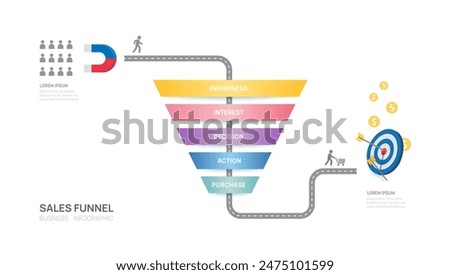 Infographic Sales funnel diagram template for business. Purchase funnel timeline, digital marketing data, presentation vector infographics.