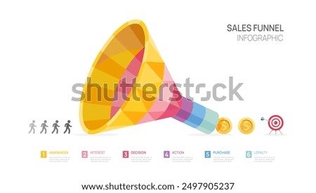 sale funnel geometric 6 level steps to goal. infographic template for business, presentation vector infographics.