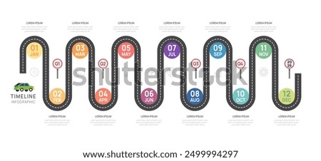 Infographic 2025  road timeline presentation, 12 months. elements diagram template for business. roadmap with circle topics, vector infographics.