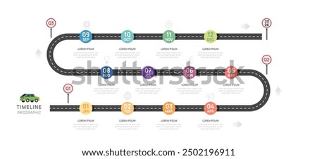 Infographic 2025  road timeline presentation, 12 months. elements diagram template for business. roadmap with car, vector infographics.