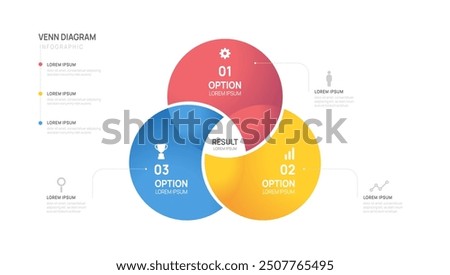 Infographic Venn diagram chart template for business 3 parts, options, presentation with venn diagram elements vector illustration.