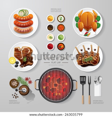 Infographic food grill,bbq,roast,steak flat lay idea. Vector illustration hipster concept.can be used for layout, advertising and web design.