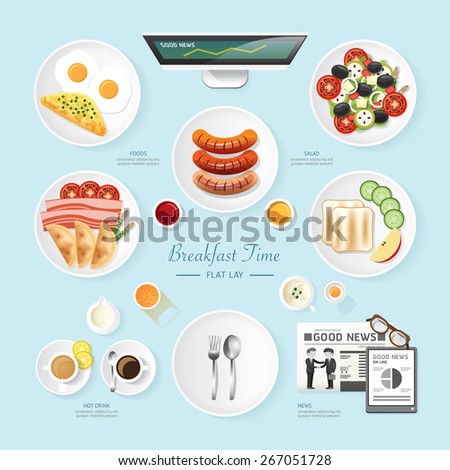 Infographic food business breakfast flat lay idea. salad,meal,toast,news Vector illustration . can be used for layout, advertising and web design.