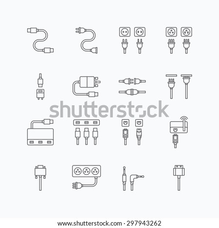 vector linear web icons set - cable wire computer and electricity plug collection of flat line design elements.