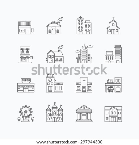 vector linear web icons set - buildings collection of flat line city design elements. 