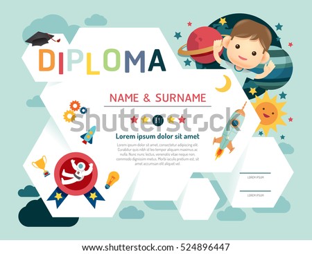 Certificate kids diploma, kindergarten template layout space background frame design vector. education preschool concept.