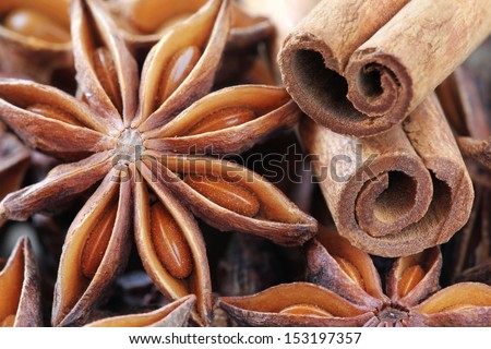 Close up of typical aromatic Christmas spices - star anise and cinnamon sticks