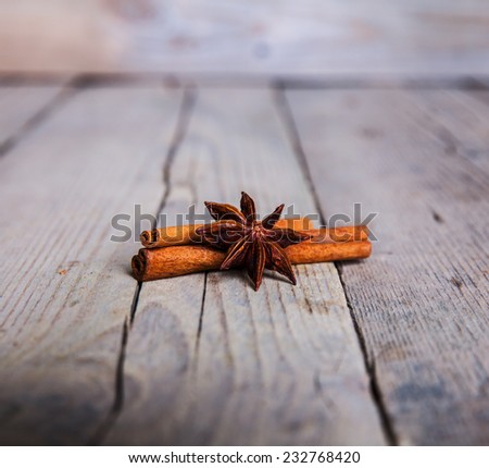 Close-up of anise star and cinnamon stick grouped on wooden back