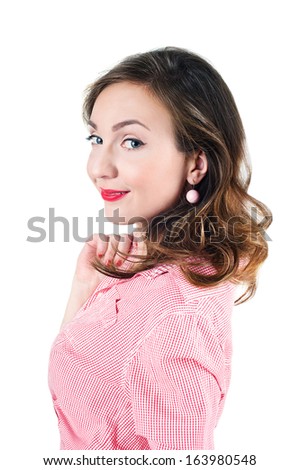 Portrait of a beautiful young woman with pin-up make-up, isolated on white background