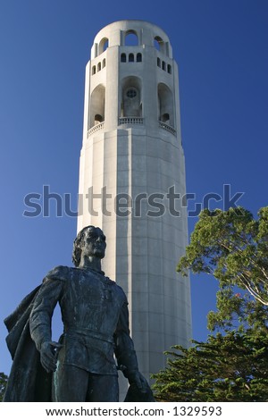 Christopher Columbus statue and Coit Tower monuments in San Francisco