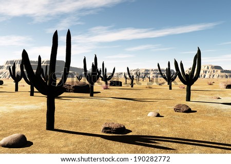Saguaro Cactus Field in Desert 3D artwork Concept for climate change and Global Warmth