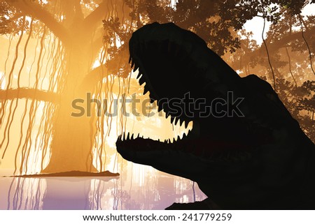 Alligator Attack in Deep Jungle Wetland in the Sunset Sunrise 3D artwork