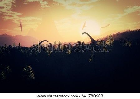 Prehistoric Jungle with Dinosaurs in the Sunset Sunrise 3D artwork