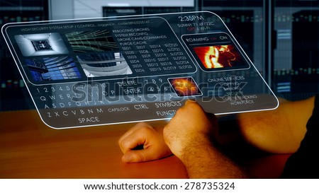 Man using Futuristic Smart Wrist Watch that is projecting a semi-transparent holographic touch screen