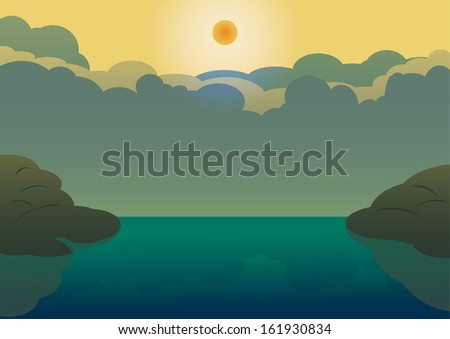 Horizon over water, Landscape with rock hill and blue lake on cloud background. : Vector in EPS 10.