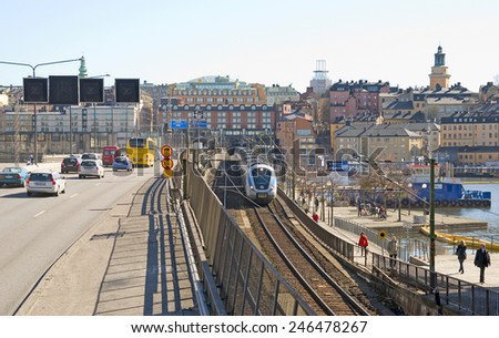 STOCKHOLM, SWEDEN - APRIL 14, 2010: City transport in the center of Stockholm (Storstockholms Lokaltrafik (SL). Commuter train