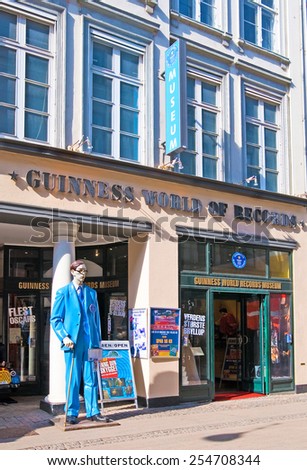 COPENHAGEN, DENMARK - APRIL 13, 2010: Guinness World Records Museum. Near the entrance is sculpture of the tallest man in the world Robert Pershing Wadlow (272 cm.)