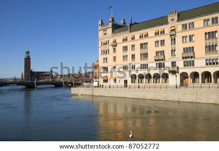 Rosenbad.The Prime Minister\'s Office and the Government Chancellery. On the background is City Hall. Sweden. Stockholm.